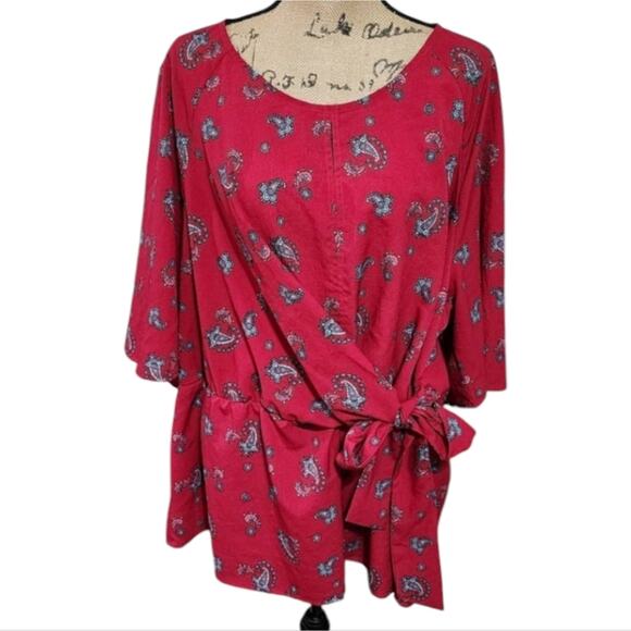 Lane Bryant pink black & white paisley tied waist keyhole blouse plus size 24 - Picture 1 of 9